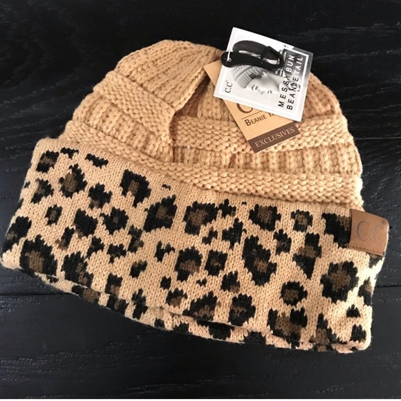 C.C Accessories - C.C Exclusives Messy Bun Beanie Tail Leopard Hat